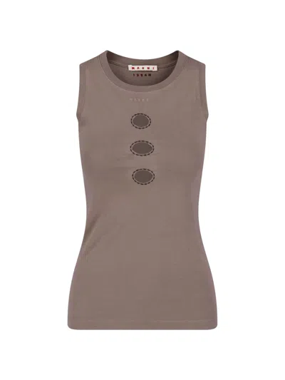 Marni Sleeveless Cotton Tank Top With Front Cutout Detail In Brown