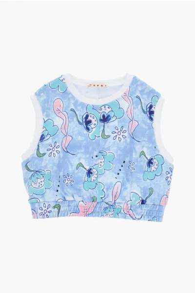 Marni Sleeveless Patterned Brushed Cotton Sweatshirt In Blue