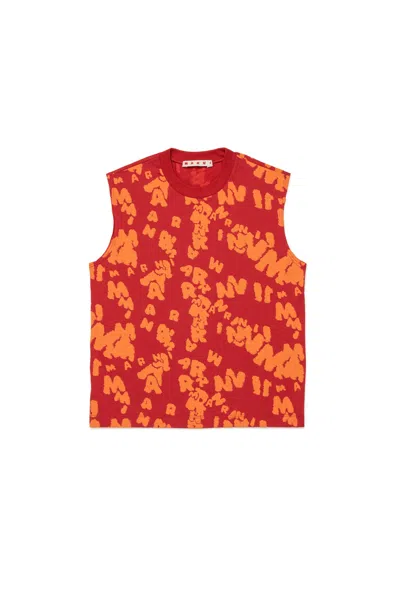 Marni Sleeveless T-shirt With All-over Logo In Orange