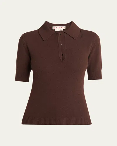 Marni Logo-embroidered Polo Top In Chocolate