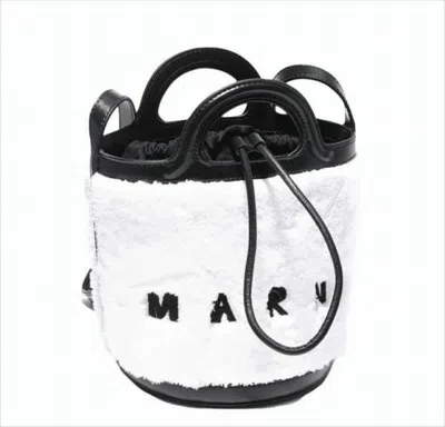 Marni Small Bucket Tote Bag With Faux Fur And Calf Leather Trim In White