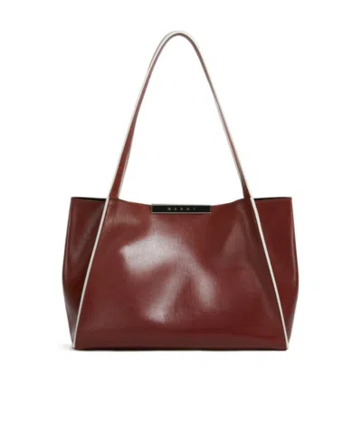 Marni Brown Leather Cresta E/w Small Tote Bag