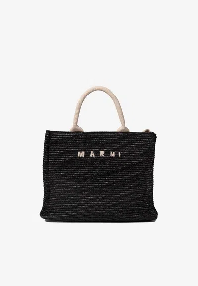 Marni Small East-west Raffia Tote Bag In Black