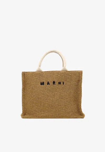 Marni Small East-west Raffia Tote Bag In Brown