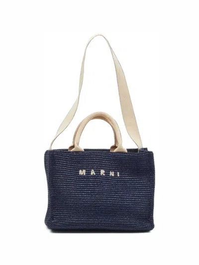 Pre-owned Marni Small Embroidered Logo Raffia Tote Bag In Blue