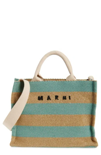 Marni Small Logo Stripe Woven Tote In Teal/blue