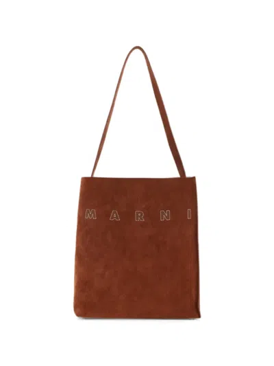 Marni Small Museo Logo-embroidered Leather Shoulder Bag In Red