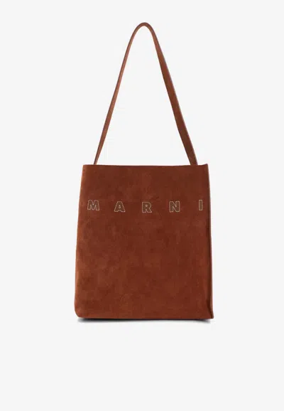 Marni Small Museo Suede Tote Bag In Purple