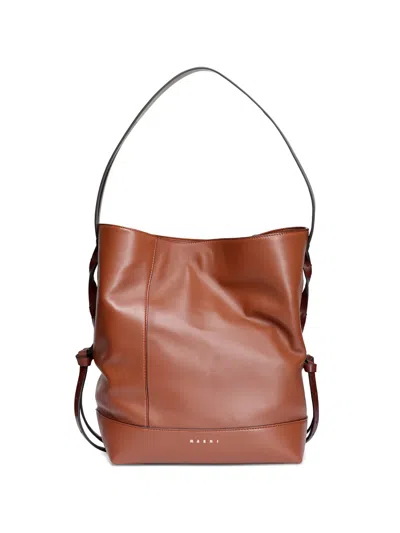Marni Small Pod 2.0 Leather Bucket Bag In Brown