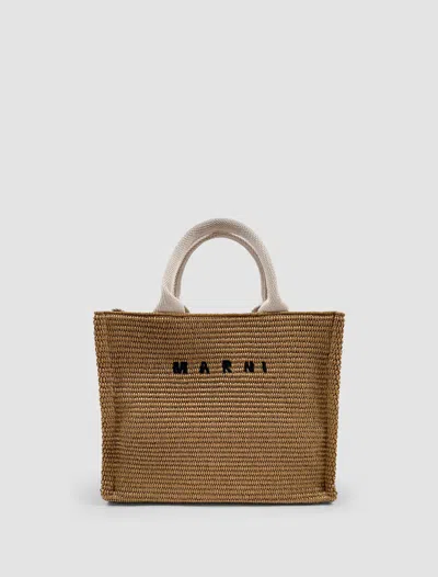 Marni Logo Embroidered Small Basket Bag In Tan