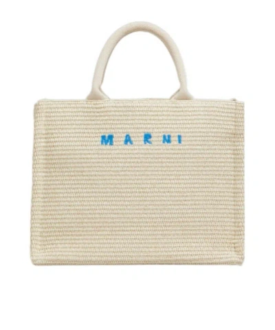 Marni White Raffia-effect Small Tote Bag In Nude