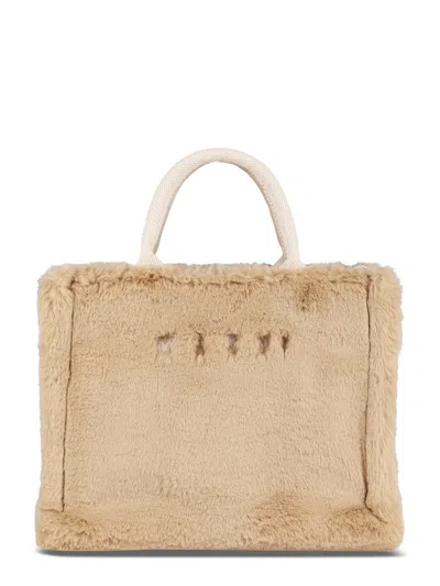 Marni Small Rectangular Basket Bag With Plush Faux Fur Fabric In Neutral
