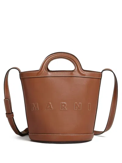 Marni Tropicalia Small Leather Bucket Bag In Brown