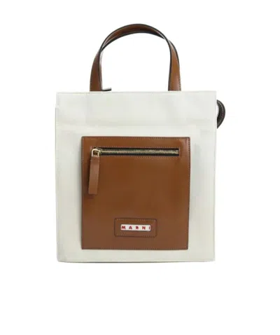 Marni Small Zipped Logo Tote Bag In White
