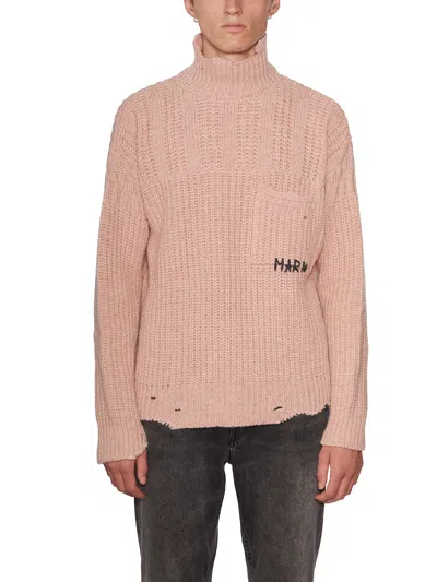 MARNI SOFT MEN'S WOOL PULLOVER WITH DISTRESSED DETAILS AND HAND-EMBROIDERED WRITING