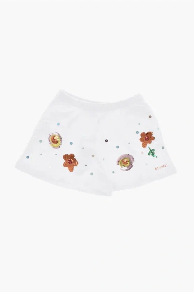 Marni Solid Color Brushed Cotton Shorts With Sequins Details In White