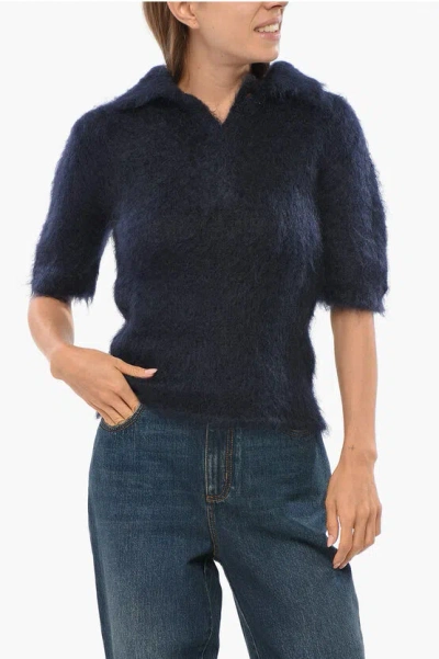 Marni Solid Color Fuzzy Sweater With Polo Neck In Blue