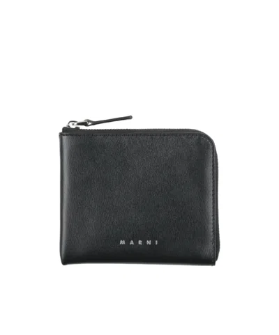Marni Solid Color Leather Card Holder In Black