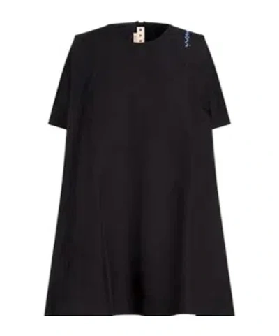 Marni Solid-color Embroidered Short-sleeved Dress In Black