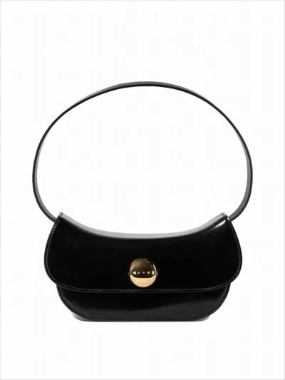 Marni Sophisticated Black Lambskin And Calfskin Shoulder Bag In White