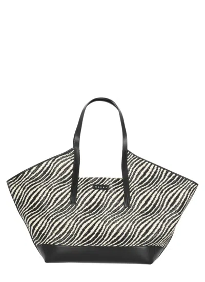Marni Spacious Zebra Print Shoulder Bag With Logo Emblem In Grey