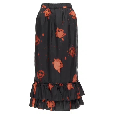 Marni Splatter Tie Dye Print Tie Ruffle Hem Midi Skirt In Black