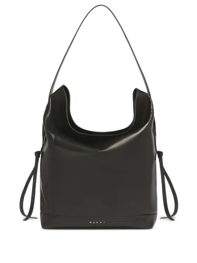 Marni Split-handle Leather Shoulder Bag In Black