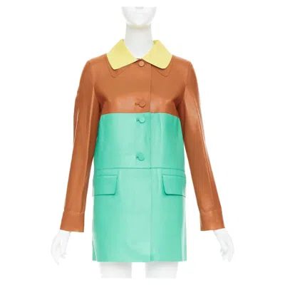 Pre-owned Marni Ss2015 Yellow Tan Turquoise Colorblocked Lambskin Leather Coat It38 Xs