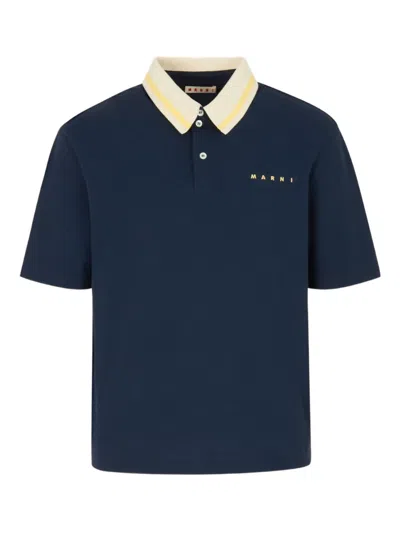 Marni Stripe-collar Logo-print Polo Shirt In Multi