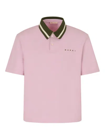 Marni Stripe-collar Logo-print Polo Shirt In Pink