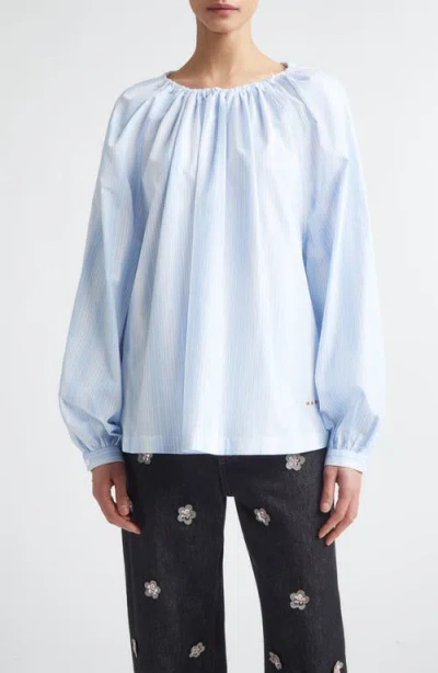 Marni Stripe Gathered Neck Cotton Poplin Top In Blue
