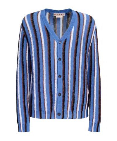 Marni Stripe-pattern V-neck Cotton Cardigan In Blue