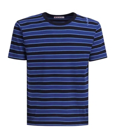 Marni Striped Boxy Cotton T-shirt In Blue