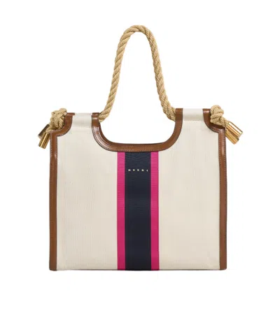 Marni Striped Canvas Tote Bag In White