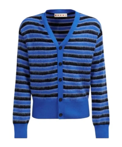 Marni Striped Wool And Mohair Cardigan In Blue