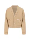 Marni Cropped Cardigan Sweater With Horizontal Stripes And Logo Detail In Brown