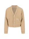 Marni Cropped Cardigan Sweater With Horizontal Stripes And Logo Detail In Neutral