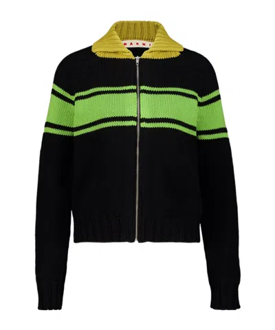 Marni Striped Cotton Cardigan In Black And Green