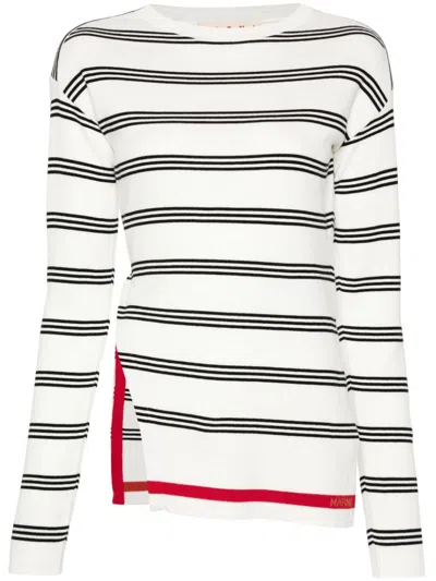 Marni Striped Slit-hem Long-sleeve Sweater In White Comb