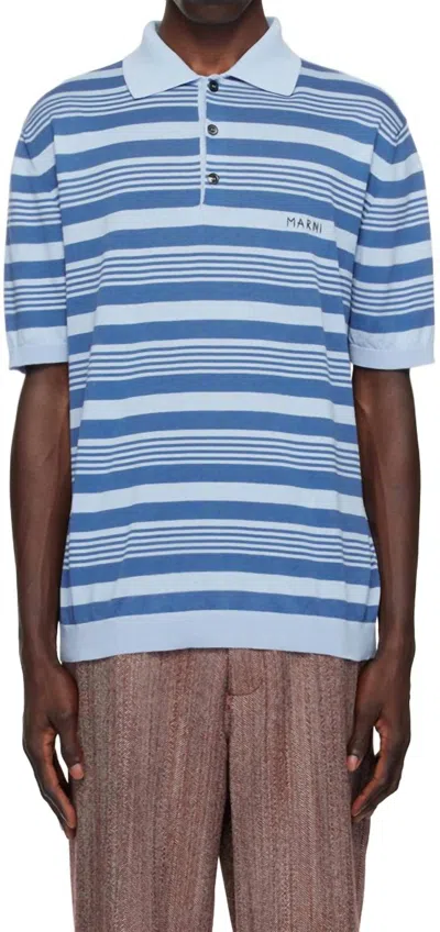 Marni Striped Cotton Short Sleeve Knit Polo Shirt In Blue