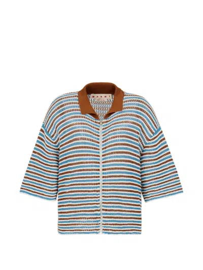 Marni Brown And Blue Striped Cotton Crochet Cardigan