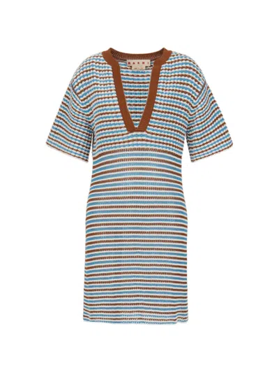 Marni Striped Crocheted A-line Dress In Blue