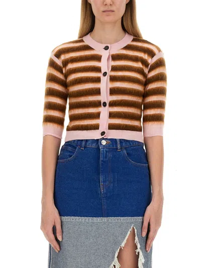 Marni Striped Mohair Blend-trimmed Wool Cardigan In Brown