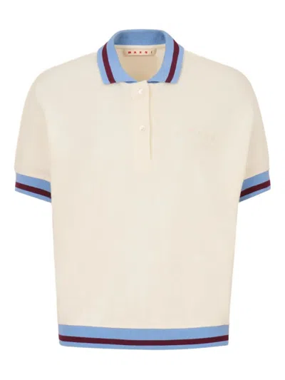 Marni Striped Details Cotton Piqué Polo Shirt In Neutral