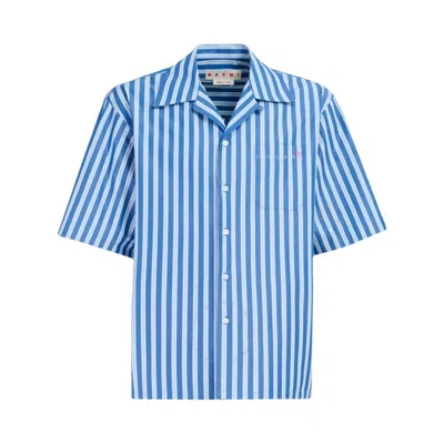Marni Striped Embroidered Logo Cotton Shirt In Blue