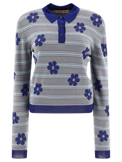 Marni Striped Flower Detailed Polo Shirt In Blue
