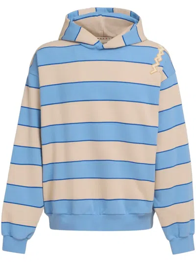 Marni Striped Hooded Sweatshirt Embroidered Detail In Blue