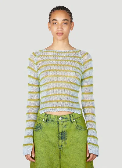 Marni Striped Cotton Knit L/s Crop Sweater In Blue