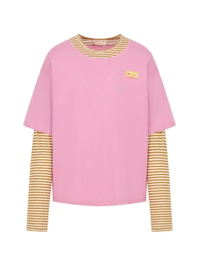 Marni Crewneck Layered Striped Relaxed Fit T Shirt In Multi