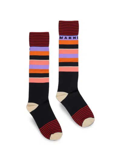 Marni Babies' Striped Logo-knit Socks In Black